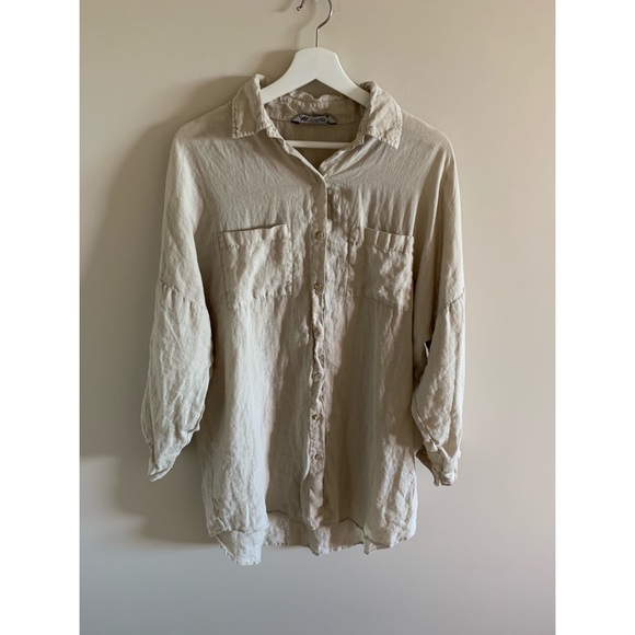 Zara 100% Linen Neutral Long Sleeve Dress Coverup